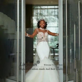 Išskirtinė balta undinėlės vestuvinė suknelė moterims 2023 m Blizganti aukšto kaklo ilgomis rankovėmis Nuotakos chalatai Šlavimo traukinys свадебное платье