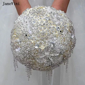 JaneVini Luxury Full Diamond Ivory Bridal Bouquets Bling Rhinestones Papuošalai Puokštė Dirbtinės satino rožės Vestuvių aksesuarai