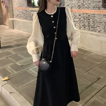 Juoda vintažinė suknelė ilgomis rankovėmis Moteris Laisvalaikio nėriniai Korėjietiškų mados suknelių vakarėlis Prancūziška elegantiška midi suknelė Moteriška liekna pavasaris Ruduo