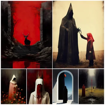 Juodoji ožka,Kryžius,Beveidė karalienė,Ritualinė svetainė,Vintažinė sienų meno drobės tapyba Creepy Dark Fantasy meno plakatas ir spausdinti namų dekoras