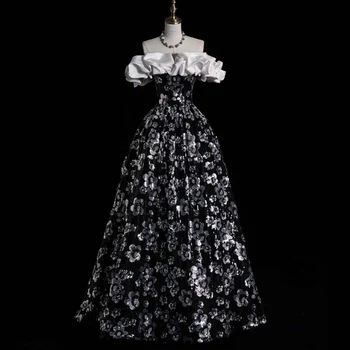 Juodos plisuotos be petnešėlių oficialios vakarinės suknelės Moterys Elegantiška plona princesė Rutulinė suknelė Išskirtinis siuvinėjimo vakarėlis Vestidos
