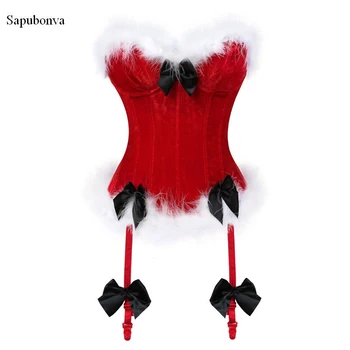 Kalėdinis korsetas Viršus moterų aprangai Miss Santa Bustier Raudonas Corselet Overbust kostiumas Cosplay Fashion Plus Size Sexy Red Black