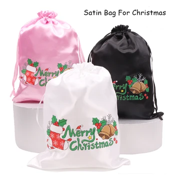 Kalėdinis satino krepšys su raišteliu plaukų sistemai Šilkinis perukas Kojinių krepšys Plaukų prailginimo krepšys Linksmų kalėdinių dovanų maišelis 1/2/3Vnt