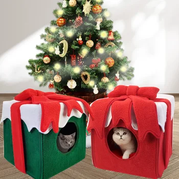 Kalėdinė dovanų dėžutė Jaukus Nesk kačių namelis Urvinis šuo Veislynas Žiema Šiltas namas Four Seasons Universal Sweet Kittens krepšelio lova