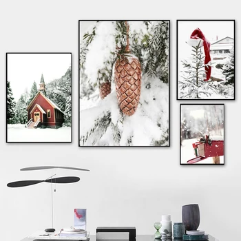 Kalėdų žiemos peizažas Paveikslas Drobė Tapyba Sniegas Kalėdų senelio skrybėlės pušies sienos meno plakatas ir spausdinimas Kalėdų svetainės dekoras