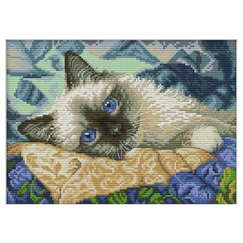 KARŠTAS IŠPARDAVIMAS Kryžminio dygsnio rinkiniai 11CT Antspauduotas siuvinėjimas mergaitėms Amatai Kryželiu dygsnio reikmenys Rankdarbiai-Mėlynų akių katė