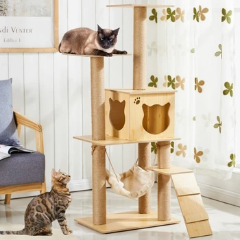 Kačių namelis medyje daugiasluoksniai mediniai kačių bokštai su sizalio virve Katės draskyklės stulpai Pliušinis kačių laipiojimo rėmo audinio hamakas