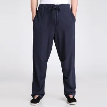 Kinų stiliaus kelnės Vyriškos Kung Fu Kelnės Medvilninės lininės kelnės Casual Loose Mid Waist Kelnės Navy Blue Loose Haroun Pants брюки