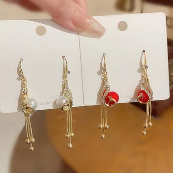 kinų stiliaus raudonos spalvos imitacija Perlų kalnų krištolas Kabantys auskarai moterims Mergaitė Auksinė spalva Sidabrinė adata Metaliniai ilgi auskarai