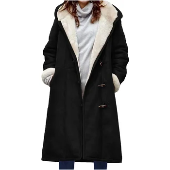 Kišeninis windbreaker moterims Casual Y2K Long Thickened Plush Coat Jackets Long Sleeve Suede Solid Horn Button Overcoat Trench