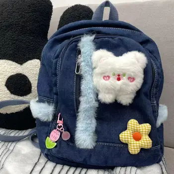 Korea Kawaii Bear Floral Denim Girl kuprinė Y2k Animacinis filmas Harajuku Vintage Preppy Schoolbag Trendy Casual Mochilas Para Mujer