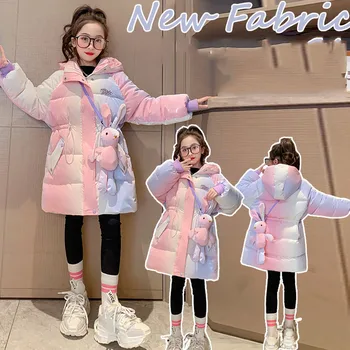 Korėja Žiema Junior Girl Parka Sutirštinti paauglę Mergina Šilta medvilninė striukė Viršūnės Spalvų gradientas Junior Girl Long Jacket Girl Paltas