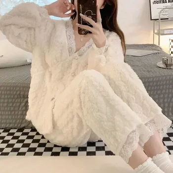 Korėjietiška žiema Solid Cute Wear 2 dalių šiltų kelnių pižamos komplektas Piiama vilnos kostiumas Night Fluffy Home White Sleepwear 2023 Moteriški nėriniai