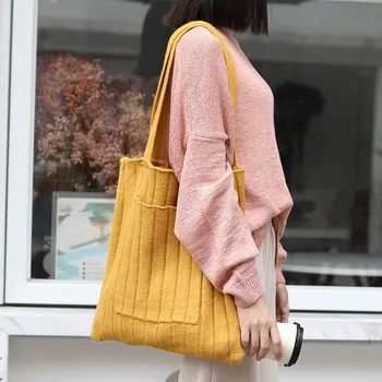 Korėjietiškas paprasto stiliaus medvilninis mezgimo krepšys Casual Solid Open Soft Shoulder Bags Rankinė Didelės talpos moteriškas krepšys