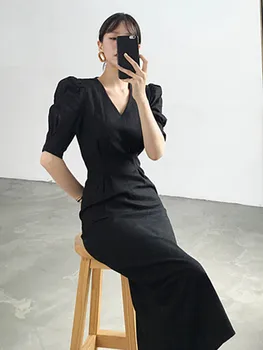Korėjietiško stiliaus Bodycon suknelė aukštu juosmeniu trumpomis rankovėmis Vasarinis naujas V kaklo sijonas Moteriški drabužiai Juodi paprasti moteriški drabužiai