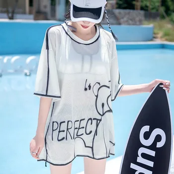 korėjietiško stiliaus y2k sportiniai maudymosi kostiumėliai boyfriend dizainas oversize marškinėliai viršutinė liemenėlė ir trumpas 3 dalių komplektas tinklelis baltas maudymosi kostiumėlis