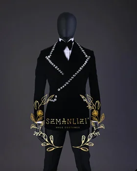 Krištolo karoliukai Vyriški kostiumai Slim Fit Groom Vestuviniai smokingai 2 vnt Dvivietis Juodas aksomas Vyriškas Prom Blazer kostiumas Homme