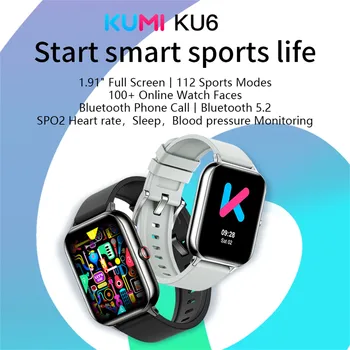Kumi Ku6 išmanusis laikrodis 1.91inch per visą ekraną, skirtas Android Bluetooth skambutis vandeniui atsparus širdies ritmas Kraujo deguonies fitnesas išmanieji laikrodžiai