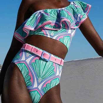 Ladies Ruffle Green Printed Split Beachwear Belt Sexy Ruffled Two Piece Bikini High Waist Swimwear Summer Swimming Suit Backless