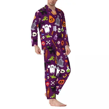 Laimingos Helovino pižamos Vyrai Juokingi moliūgai Mieli miego naktiniai drabužiai Rudens dviejų dalių senovinis oversize spausdintas pižamų rinkinys