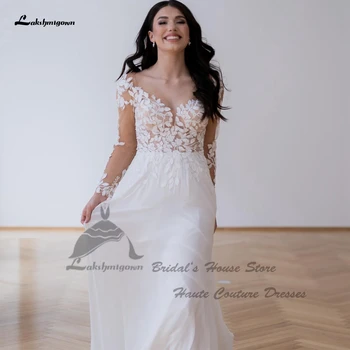 Lakshmigown Vintage Long Sleeve Beach vestuvinė suknelė 2024 V Kaklas Sexy Boho Chiffon Bridall Gown Illusion Nėrinių aplikacijos