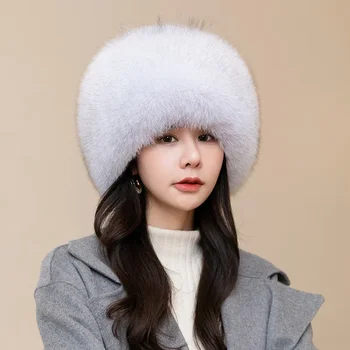 Lapės plaukų skrybėlė Moterų žiemos laisvalaikis Šilta ausų apsauga Odinė šiaudinė skrybėlė Tikri plaukai