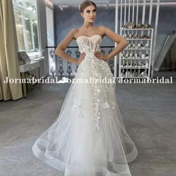 Lengva Boho vestuvinė suknelė Sheer Liemens mieloji iškirptė Gėlių aplikacijos Tiulio paplūdimio nuotakos chalatai de mariée 2024