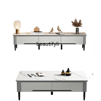 Light Luxury Stone Plate Kavos staliukas TV spintelės derinys Nordic Small Living Room Minimalistinių baldų komplektas Spintelė grindyse