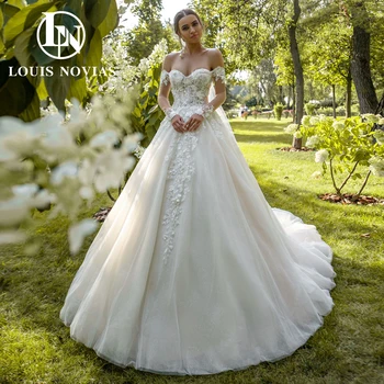 LOUIS NOVIAS A-Line vestuvinė suknelė 2024 Off the Shoulder Nuotakos suknelė Karoliukų aplikacijos Mielaširdinga vestuvinė suknelė Vestidos De Novia