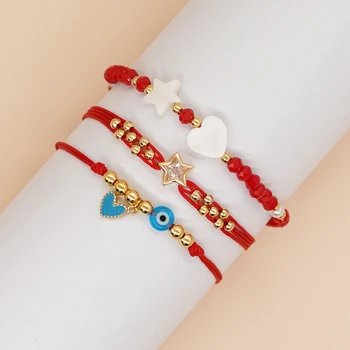 Lucky Red Rope Miyuki Heart Evil Eye Gold Plated Beaded Bracelet Rankų darbo reguliuojama papuošalų dovana mergaitei