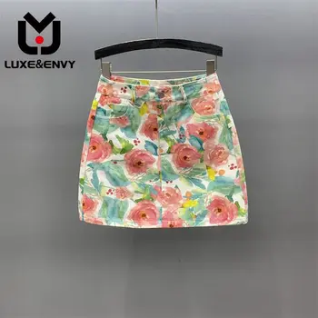 LUXE&ENVY Age Reduce Flower Print Džinsinis sijonas Moteriškas 2023 m. vasaros naujas aukštas juosmuo plonas A linijos laisvalaikio apvyniojimas Klubo trumpas sijonas