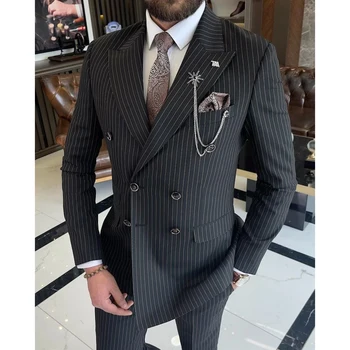 Luxury Black Stripe Pattern Double Breasted Peak Lapel 2 Piece Jacket Pants Formal Business Men's Suits Formal Party Full Set