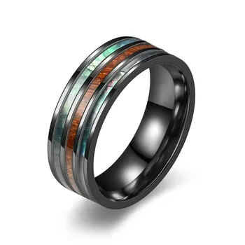 Mada 8mm Vyriški nerūdijančio plieno žiedai Inlay Koa Wood ir Abalone Shell Žiedai vyrams Moterų vestuvių papuošalai Valentino dienos dovanos