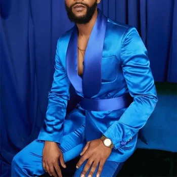 Mada Itališka mėlyna Vyriški kostiumai Satin Slim Fit Royal Blue Shiny Groom Prom Wedding Tuxedo Tailored Blazer Sets Kostiumas Homme