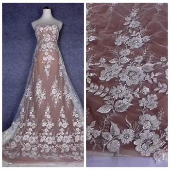 Madinga nuotakos suknelė Vestuviniai nėriniai, gėlių siuvinėjimo nėrinių audinys, baltas karoliukais nėriniuotas audinys 51 