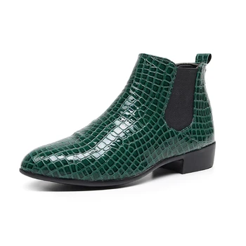 Madingi blizgantys odiniai aulinukai vyrams Trend Green Slip-on Vyriški Chelsea batai Elegantiški smailaus piršto aukšti suknelės batai Vyras