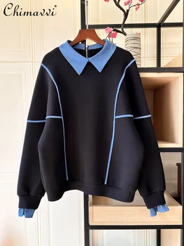 Mados spalvų kontrastas Džinsinė apykaklė Kaspino linija Kosminis Medvilninis džemperis ilgomis rankovėmis Žieminiai laisvalaikio ilgomis rankovėmis Elegantiški gobtuvai