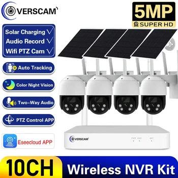 Mažos galios 5MP WiFi vaizdo stebėjimo kamerų sistema 10CH P2P WIFI NVR rinkinys 2Audio automatinio sekimo CCTV saulės kamerų saugos rinkinys