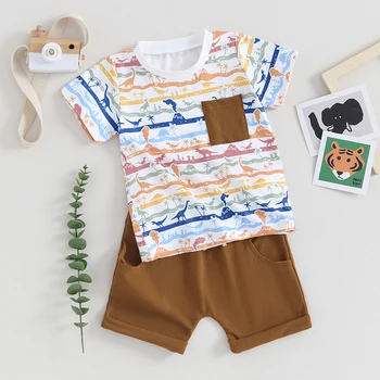 Mažylio berniuko vasaros apranga Marškinėliai trumpomis rankovėmis Dinozaurų atspaudas Viršus Vienspalviai šortai Komplektas 2vnt Vasariniai drabužiai