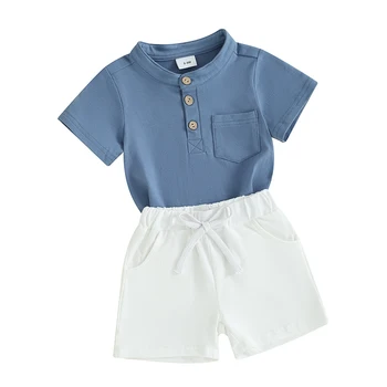 Mažylis Berniukas Vasariniai drabužiai Vienspalviai trumpomis rankovėmis Henley marškinėliai su elastiniais juosmens šortais 2Vnt apranga