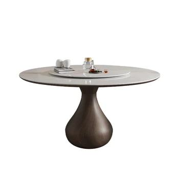 Medžio masyvas apvalus Valgomojo stalas Pagrindinis Modernus minimalistinis valgomojo stalas Įdėtas patefonas Ryški akmens plokštė Apvalus stalas