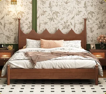 Medžio masyvo dvigulė lova pagrindinė miegamojo lova riešutmedžio senovinė medinė lova