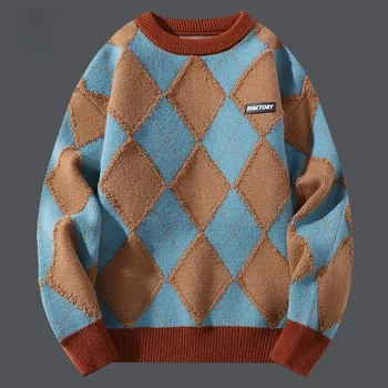 Megztiniai vyrams Rudens žiemos laisvalaikio pledas Megztinis Vyrai Tops 2024 Koledžo stilius Vyriški vilnoniai megztiniai Šiltas megztas megztinis