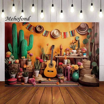 Mehofond Photography Background Mexican Western Cactus Guitar Floral Kids Birthday Party Cake Smash Decor Fonas Foto studija