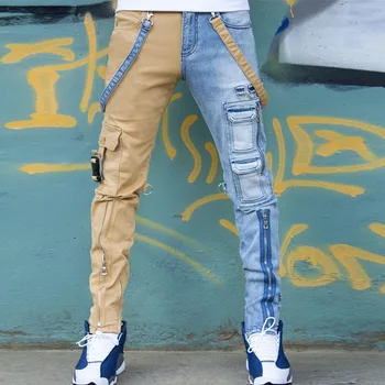Men Patchwork Džinsai Hip Hop Punk Goth Techwear Fashion Fashion Mens Plėšytos džinsinės kelnės Retro Skinny Jean Man Multi Pocket Cargo Kelnės