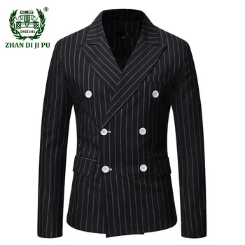 Mens Black Striped Blazer Fashion Double Breasted Mens Suit Jacket Paltai Casual Men Blazer Business Homme Kostiumas Masculino 3XL