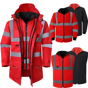 Men's Safety Parka Jacket 7 in 1 Neperšlampamas paltas Atspindinti apsauginė lietaus striukė EN471 ANSI/SEA 107