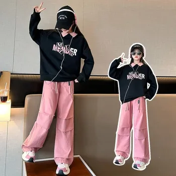 Mergaitės Rudens drabužiai Vaikiški laiškai Džemperis +Kelnės 2 dalių komplektas 4-16 metų Vaikų lauko apranga Laisvalaikio sportinis mados kostiumas