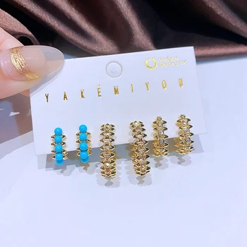 MIGGA 6vnt kubinių cirkonio mėlynų karoliukų smaigalių auskarų rinkinys moterims Aukso spalvos Huggies papuošalai