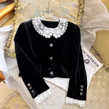 Miu stiliaus juodo aksomo paltas su rankų kabliuko raštu Patchwork Temperament Top+French Skirt Fashion Set Two-piece Set